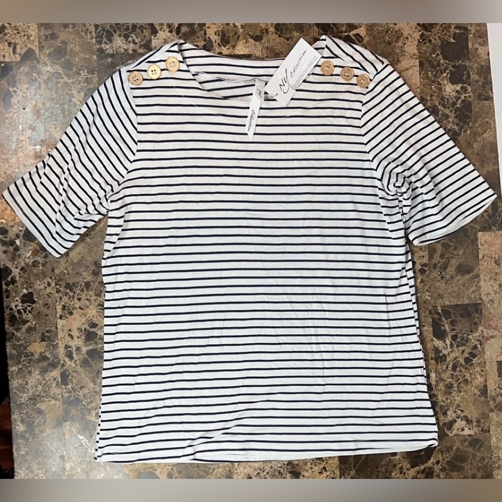 Ny Collection Black And White Stripe Knit Top Shirt Buttons Casual Elbow Length